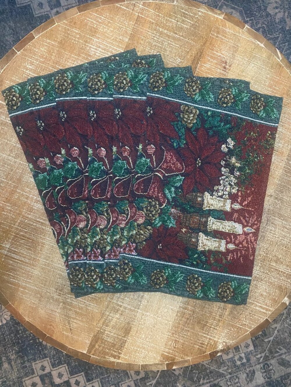Vintage Tapestry Christmas Placemats Set of 6 Poinsettia Pinecone Holiday 17x11
